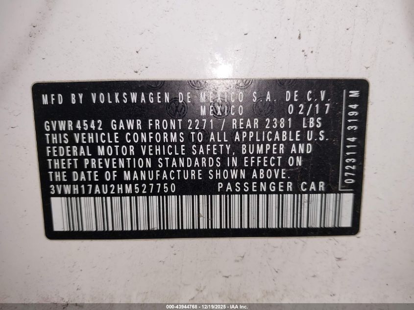 2017 Volkswagen Golf Alltrack Tsi S/Tsi Se/Tsi Sel VIN: 3VWH17AU2HM527750 Lot: 43944768