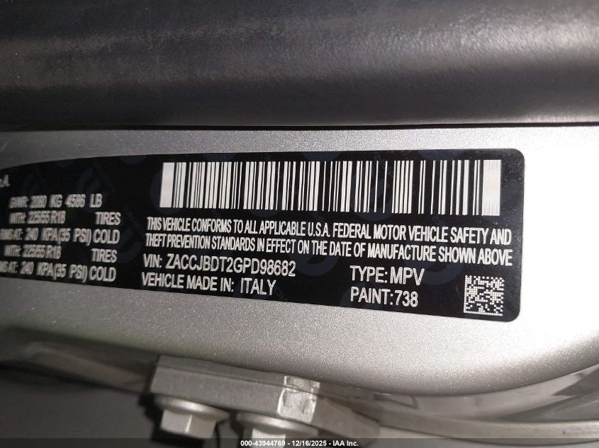 2016 Jeep Renegade Limited VIN: ZACCJBDT2GPD98682 Lot: 43944769