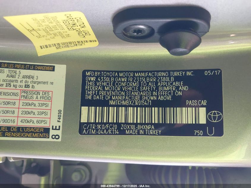 2018 Toyota C-Hr Xle Premium VIN: NMTKHMBX2JR015471 Lot: 43944799