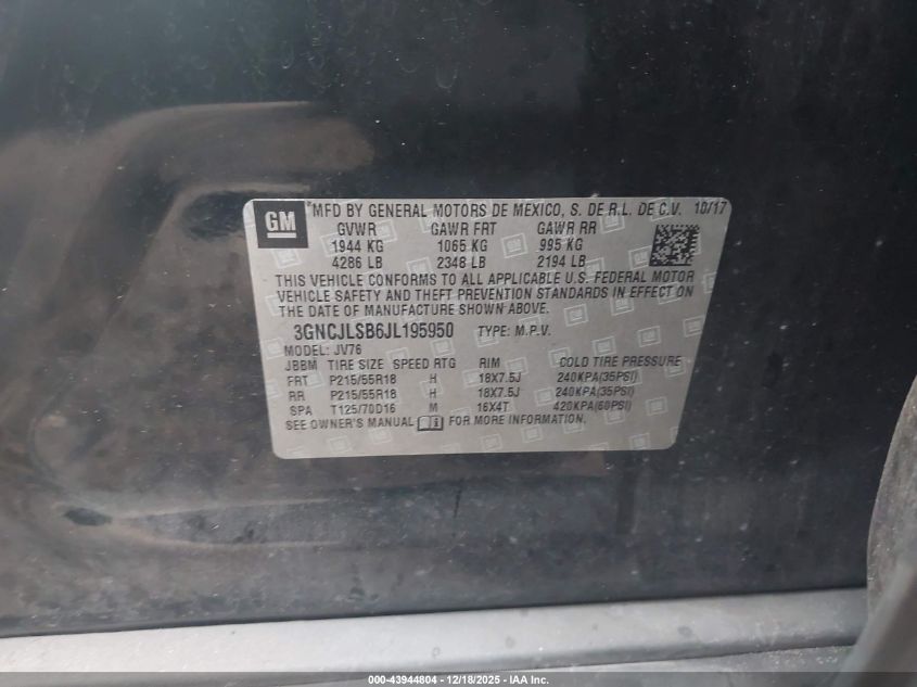 2018 Chevrolet Trax Lt VIN: 3GNCJLSB6JL195950 Lot: 43944804