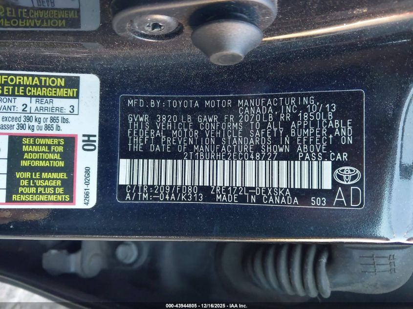 2014 Toyota Corolla L/Le/Le Pls/Prm/S/S Pls VIN: 2T1BURHE2EC048727 Lot: 43944805