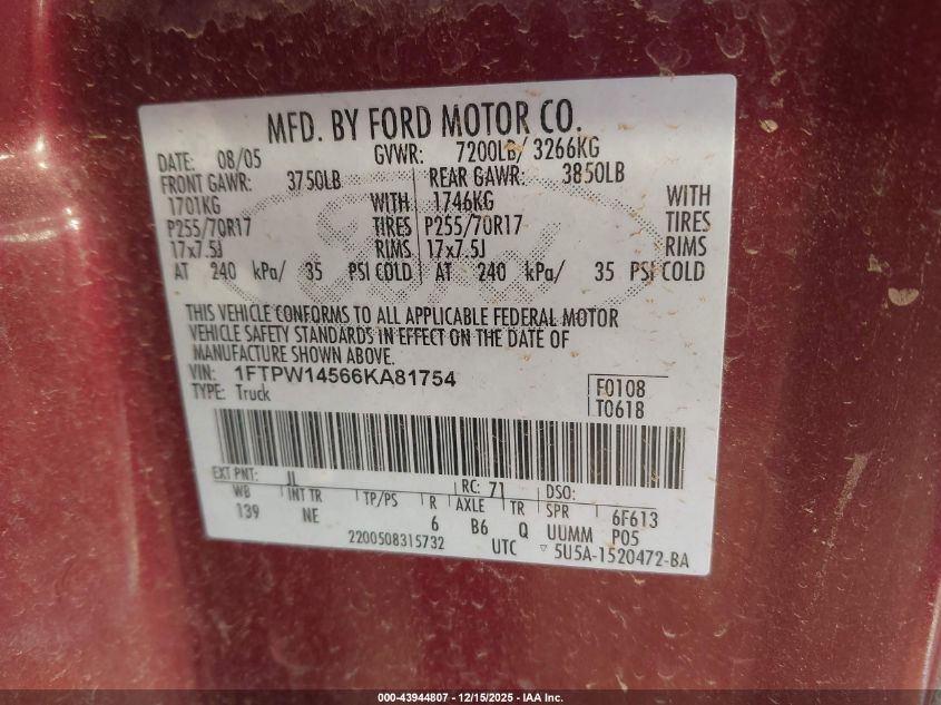 2006 Ford F-150 Fx4/Lariat/Xlt VIN: 1FTPW14566KA81754 Lot: 43944807