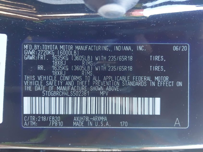 2020 Toyota Highlander Hybrid Xle VIN: 5TDGBRCH4LS502381 Lot: 43944809