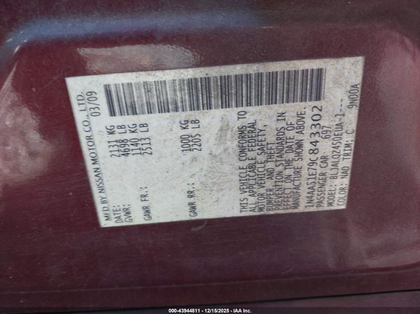 2009 Nissan Maxima 3.5 S VIN: 1N4AA51E79C843302 Lot: 43944811