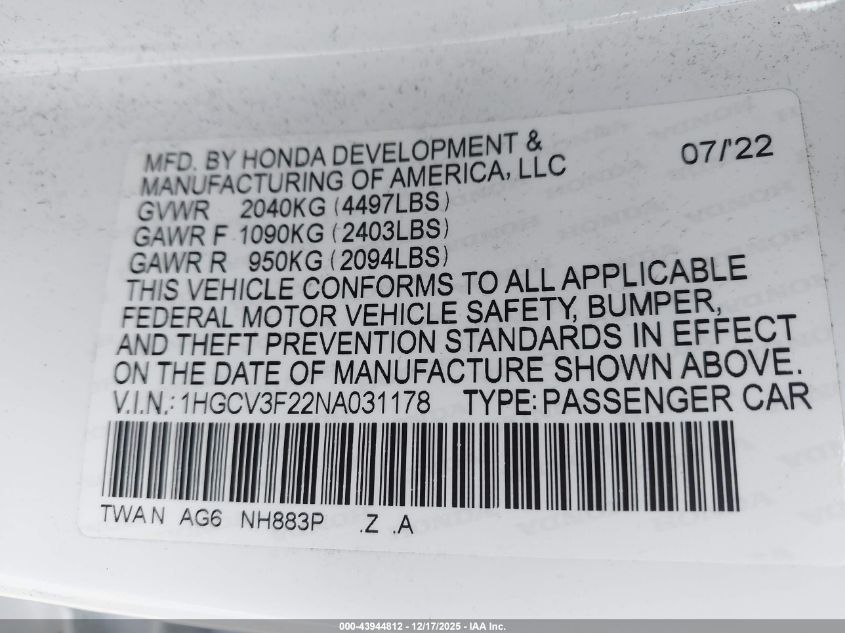 2022 Honda Accord Hybrid Sport VIN: 1HGCV3F22NA031178 Lot: 43944812
