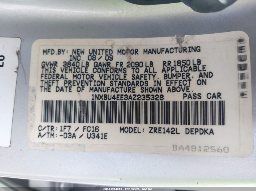 2010 Toyota Corolla Le VIN: 1NXBU4EE3AZ235328 Lot: 43944813