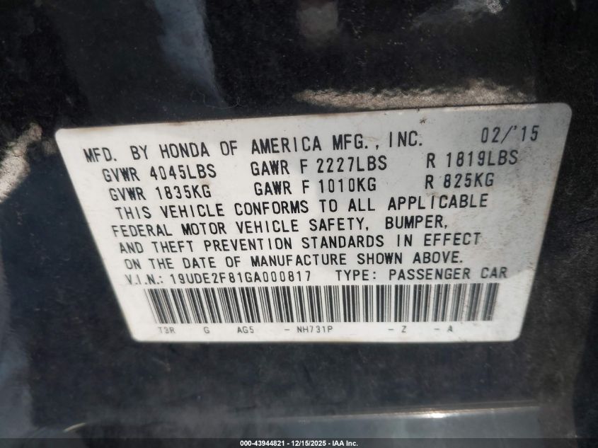 2016 Acura Ilx Premium A-Spec Packages/Technology Plus A-Spec Packages VIN: 19UDE2F81GA000817 Lot: 43944821