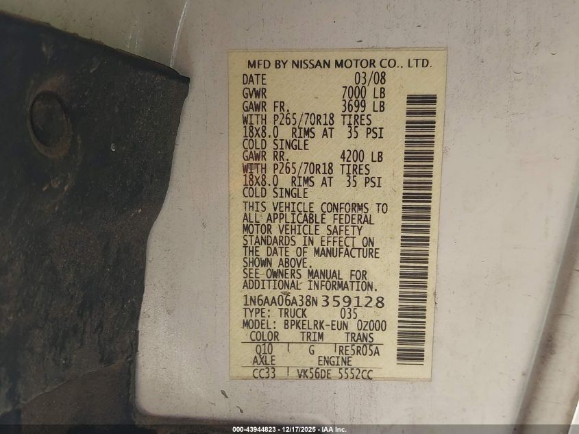 2008 Nissan Titan Le/Se/Xe VIN: 1N6AA06A38N359128 Lot: 43944823