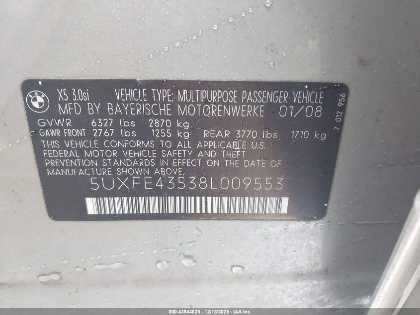 2008 BMW X5 3.0Si VIN: 5UXFE43538L009553 Lot: 43944828