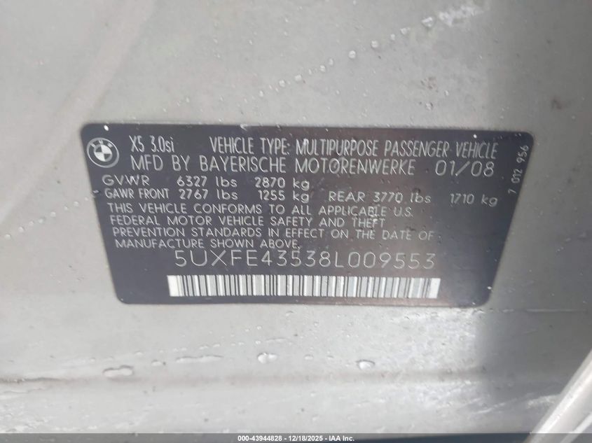 2008 BMW X5 3.0Si VIN: 5UXFE43538L009553 Lot: 43944828