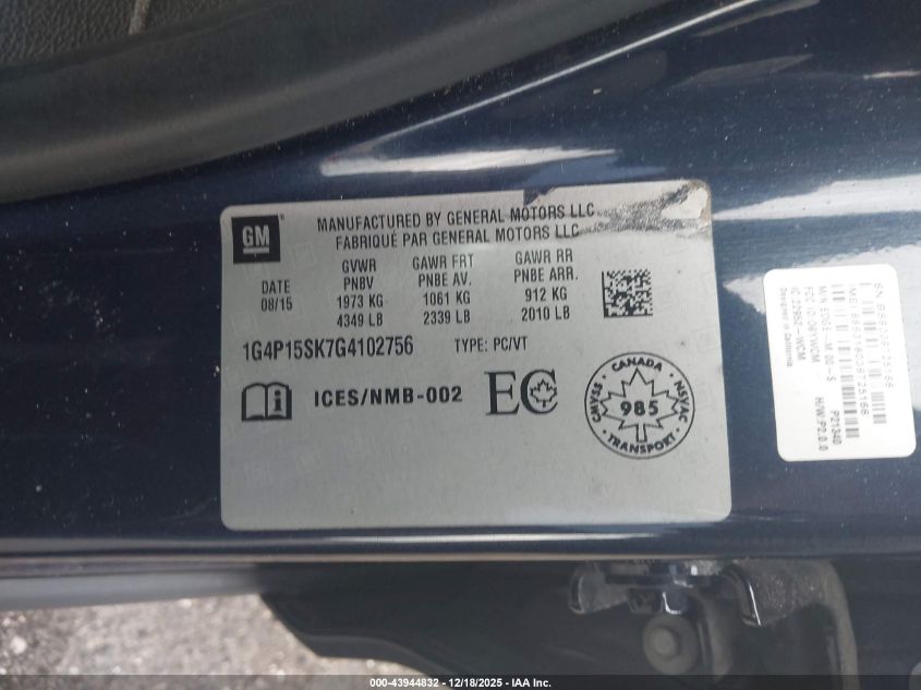 2016 Buick Verano VIN: 1G4P15SK7G4102756 Lot: 43944832