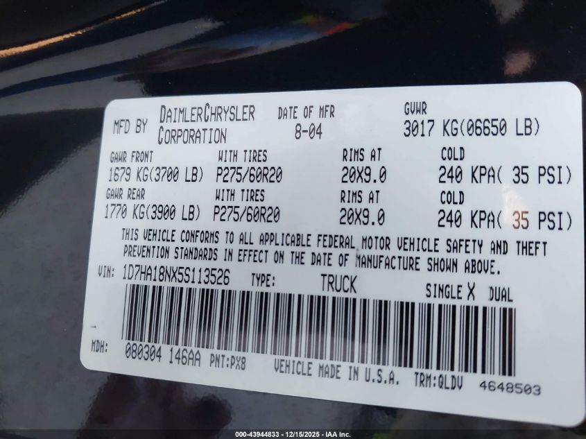 2005 Dodge Ram 1500 Slt/Laramie VIN: 1D7HA18NX5S113526 Lot: 43944833