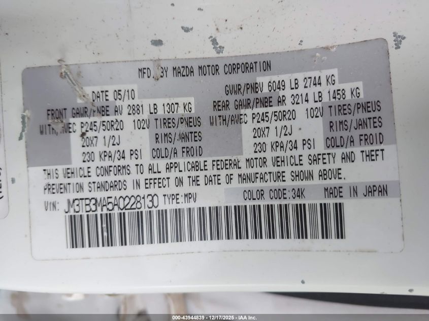 2010 Mazda Cx-9 Grand Touring VIN: JM3TB3MA5A0228130 Lot: 43944839