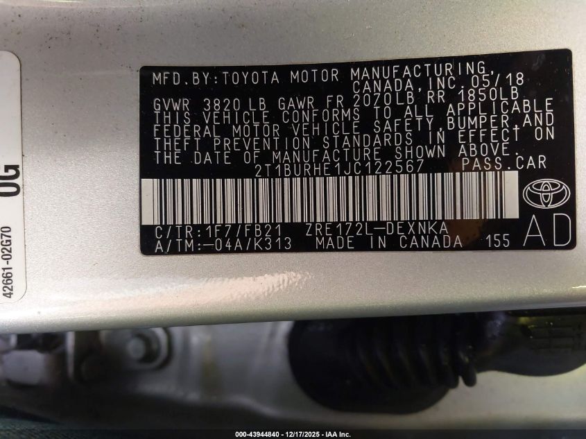 2018 Toyota Corolla Le VIN: 2T1BURHE1JC122567 Lot: 43944840