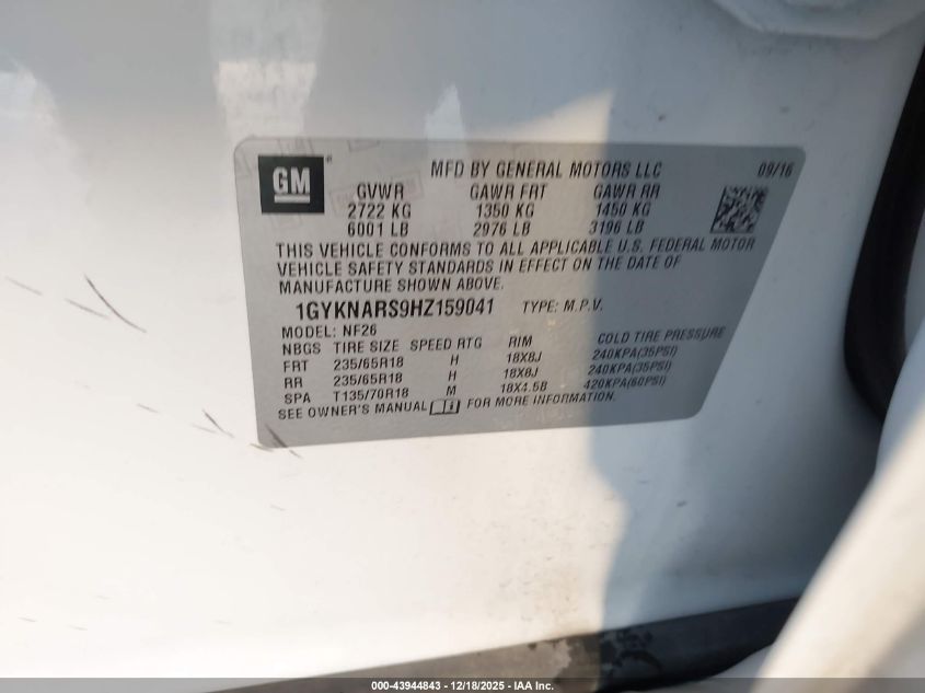 2017 Cadillac Xt5 Standard VIN: 1GYKNARS9HZ159041 Lot: 43944843