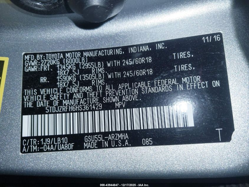 2017 Toyota Highlander Xle VIN: 5TDJZRFH6HS361429 Lot: 43944847