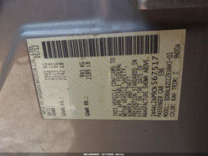 2012 Nissan Altima 2.5 S VIN: 1N4AL2AP9CN567517 Lot: 43944853