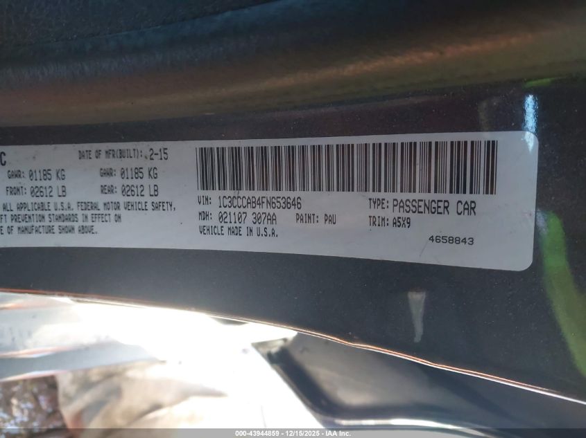 2015 Chrysler 200 Limited VIN: 1C3CCCAB4FN653646 Lot: 43944859