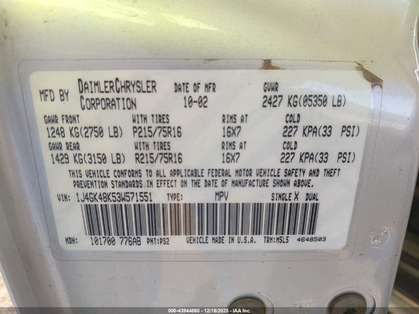 2003 Jeep Liberty Sport VIN: 1J4GK48K53W571551 Lot: 43944860