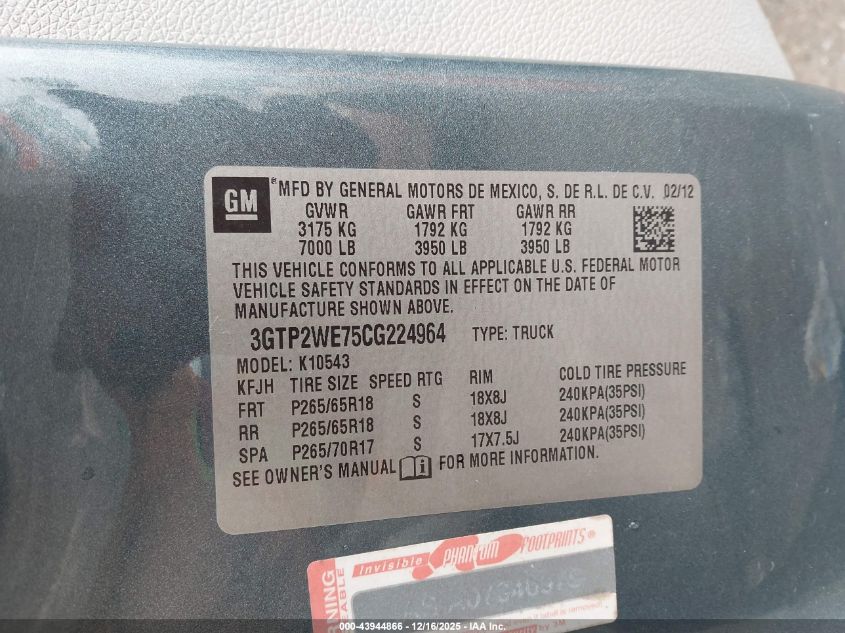 2012 GMC Sierra 1500 Slt VIN: 3GTP2WE75CG224964 Lot: 43944866