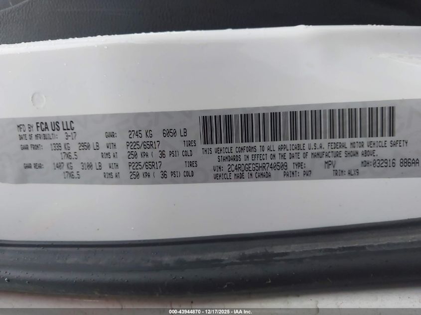2017 Dodge Grand Caravan Gt VIN: 2C4RDGEG5HR740509 Lot: 43944870