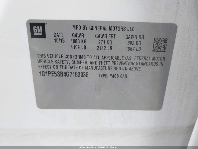 2016 Chevrolet Cruze Limited 1Lt Auto VIN: 1G1PE5SB4G7183036 Lot: 43944871