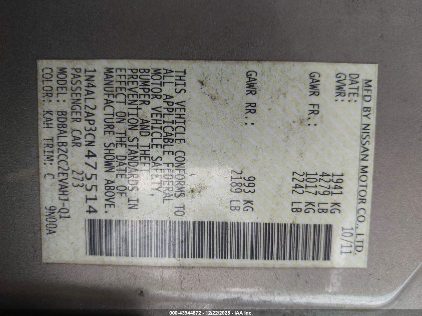 2012 Nissan Altima 2.5 S VIN: 1N4AL2AP3CN475514 Lot: 43944872