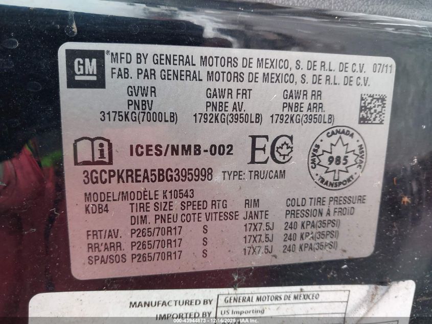 2011 Chevrolet Silverado 1500 Ls VIN: 3GCPKREA5BG395998 Lot: 43944873