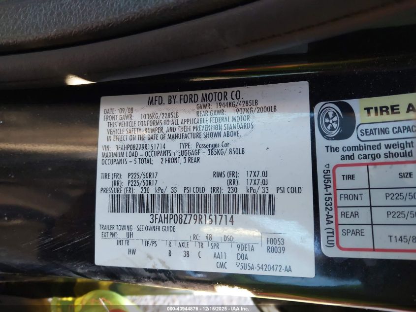 2009 Ford Fusion Sel VIN: 3FAHP08Z79R151714 Lot: 43944876