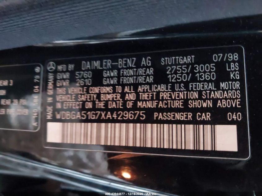1999 Mercedes-Benz S 500 VIN: WDBGA51G7XA429675 Lot: 43944877