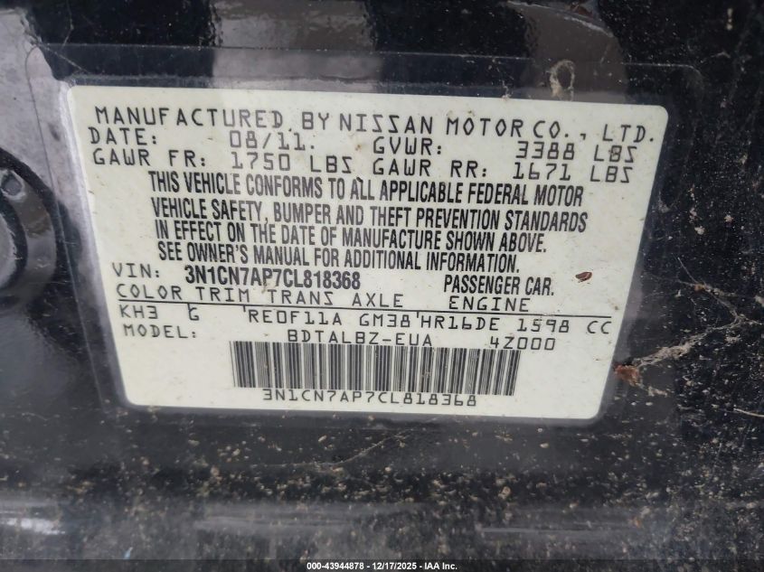 2012 Nissan Versa 1.6 Sv VIN: 3N1CN7AP7CL818368 Lot: 43944878