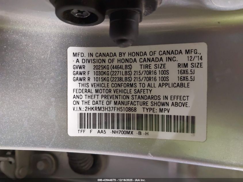 2015 Honda Cr-V Lx VIN: 2HKRM3H37FH510868 Lot: 43944879