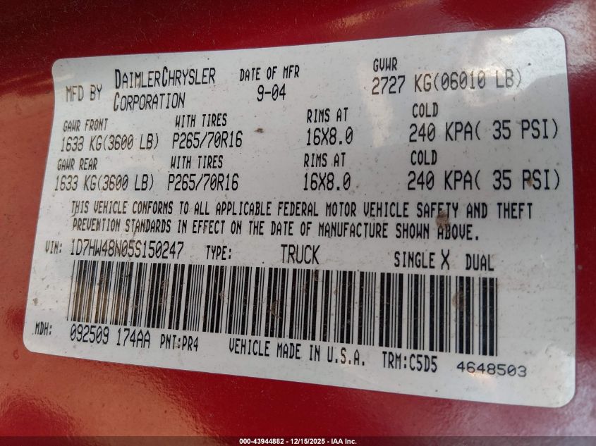 2005 Dodge Dakota Slt VIN: 1D7HW48N05S150247 Lot: 43944882