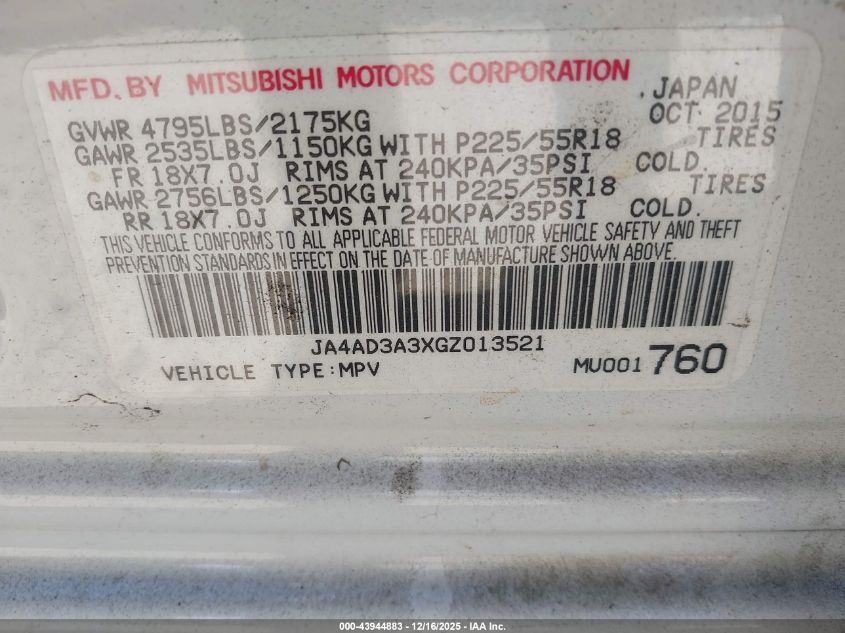 2016 Mitsubishi Outlander Sel VIN: JA4AD3A3XGZ013521 Lot: 43944883