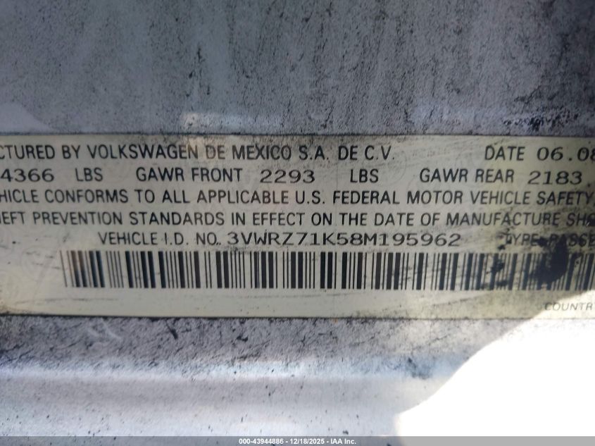 2008 Volkswagen Jetta Se/Sel VIN: 3VWRZ71K58M195962 Lot: 43944886