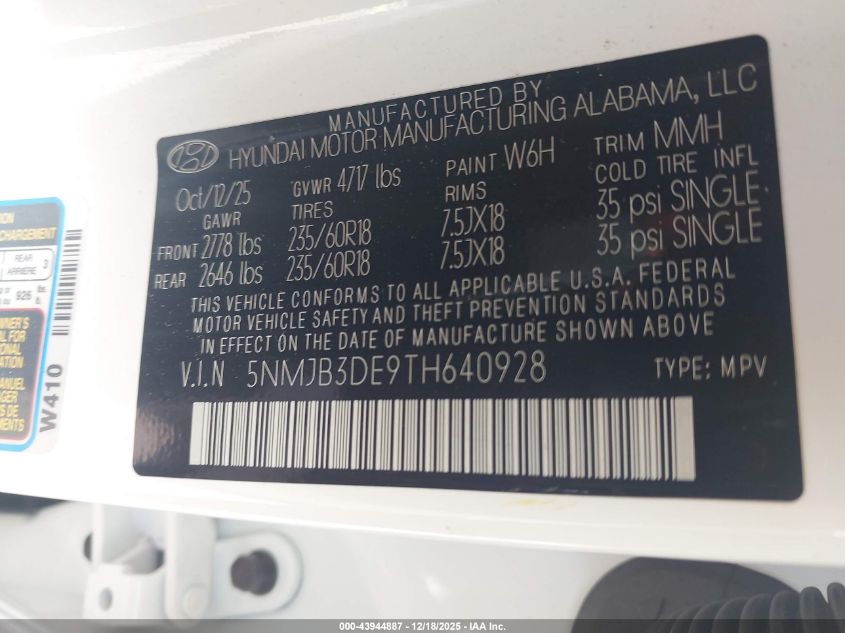 2026 Hyundai Tucson Sel VIN: 5NMJB3DE9TH640928 Lot: 43944887