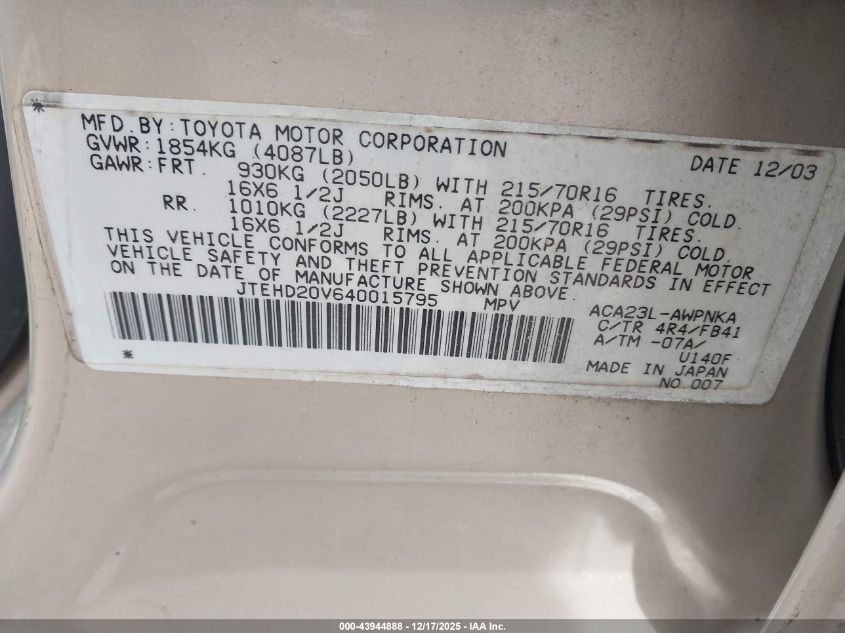 2004 Toyota Rav4 VIN: JTEHD20V640015795 Lot: 43944888