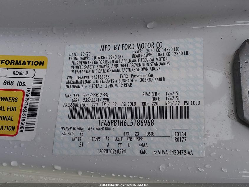 2020 Ford Mustang Ecoboost Fastback VIN: 1FA6P8TH6L5186968 Lot: 43944892