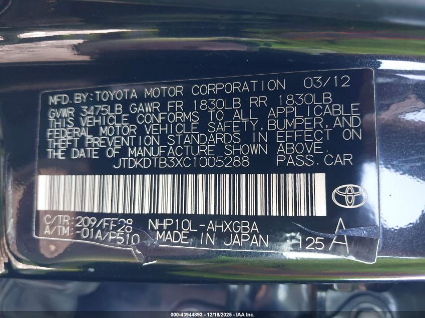 2012 Toyota Prius C Three VIN: JTDKDTB3XC1005288 Lot: 43944893