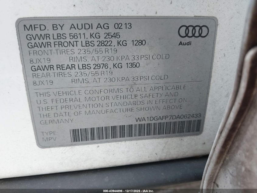 2013 Audi Q5 3.0T Premium Plus VIN: WA1DGAFP7DA062433 Lot: 43944896