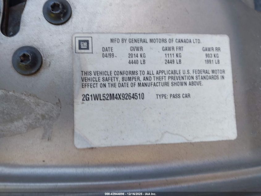 1999 Chevrolet Lumina VIN: 2G1WL52M4X9264510 Lot: 43944898