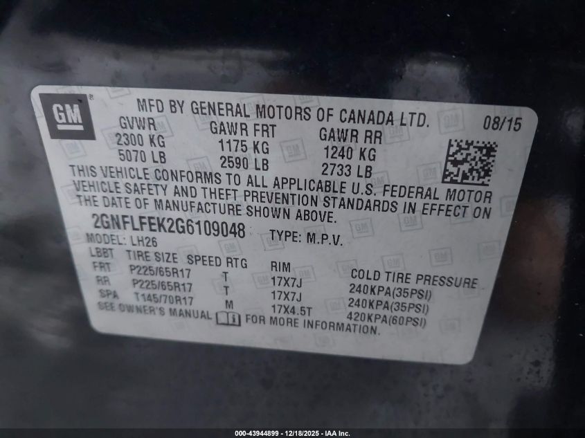 2016 Chevrolet Equinox Lt VIN: 2GNFLFEK2G6109048 Lot: 43944899