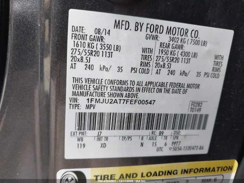 2015 Ford Expedition Limited VIN: 1FMJU2AT7FEF00547 Lot: 43944901