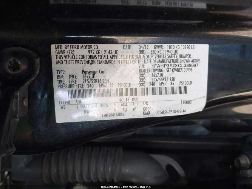 2012 Ford Focus Se VIN: 1FAHP3F2XCL389697 Lot: 43944905