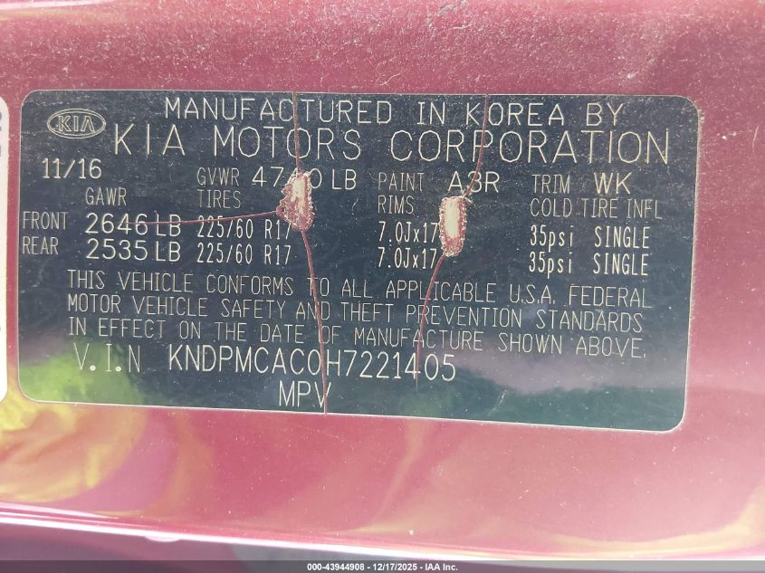 2017 Kia Sportage Lx VIN: KNDPMCAC0H7221405 Lot: 43944908