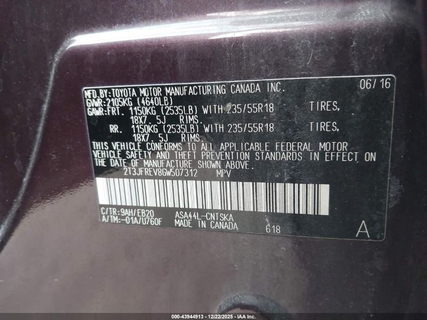 2016 Toyota Rav4 Se VIN: 2T3JFREV8GW507312 Lot: 43944913