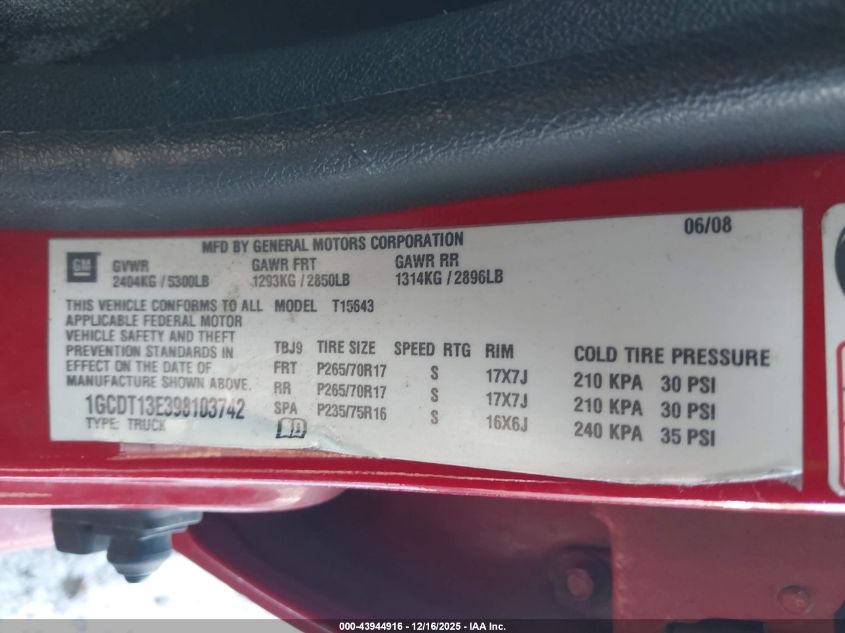 2009 Chevrolet Colorado Lt W/2Lt VIN: 1GCDT13E398103742 Lot: 43944916