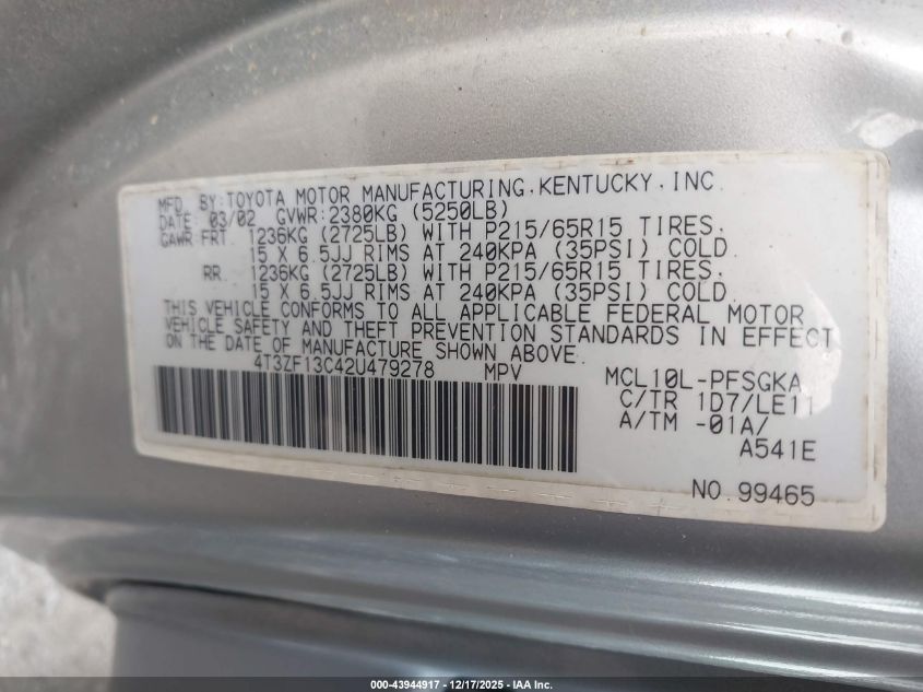 2002 Toyota Sienna Xle VIN: 4T3ZF13C42U479278 Lot: 43944917