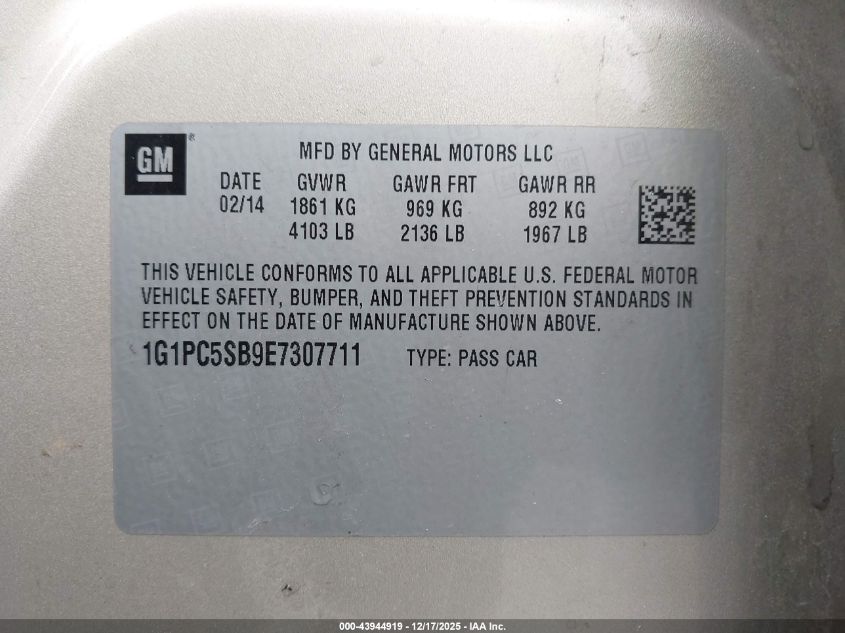 2014 Chevrolet Cruze 1Lt Auto VIN: 1G1PC5SB9E7307711 Lot: 43944919