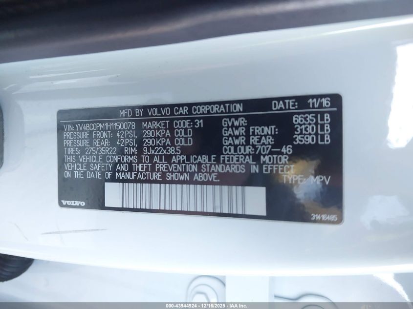 2017 Volvo Xc90 Hybrid T8 R-Design VIN: YV4BC0PM1H1150078 Lot: 43944924